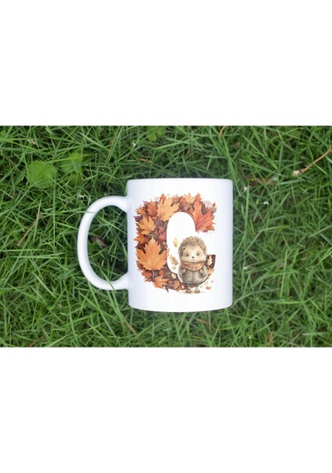 C Harf Sonbahar Yaprak Temalı Kupa Bardak - Sevimli Figürler İle Alfabe Harfli Bardak - Kişiye Özel Beyaz