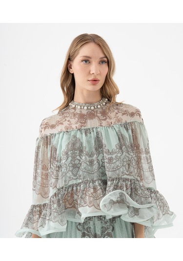 Dantel Desenli Katlı Şifon Volanlı Bluz Mint