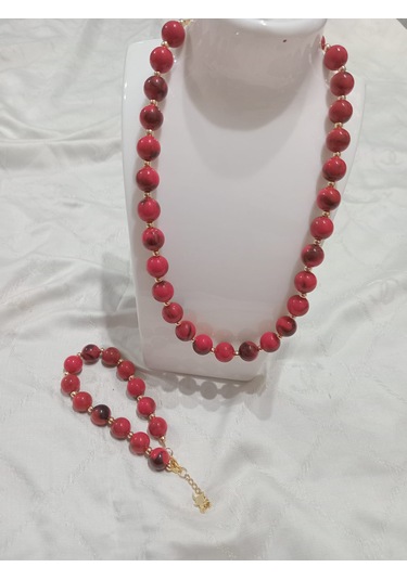 Kırmızı Yuvarlak Kolye Ve Bileklik Takımı Kırmızı