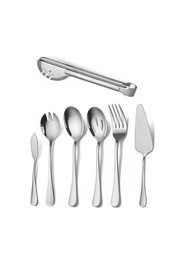 7 Parça Çelik Sunum Servis Kaşığı Kaşık Çatal Bıçak Spatula Seti Mt154by Silver