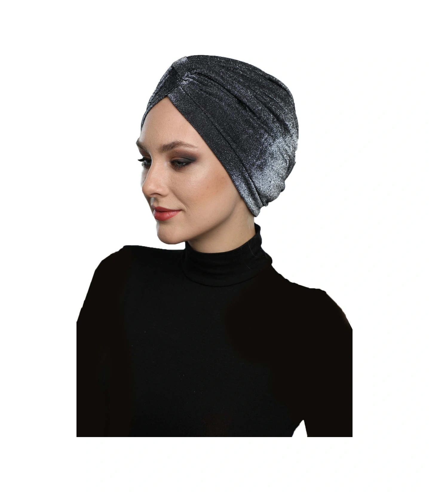 Simli Pike Çapraz Bantlı Astarlı Siyah Gümüş Hazır Türban Tesettür Bone Abiye Siyah-gümüş