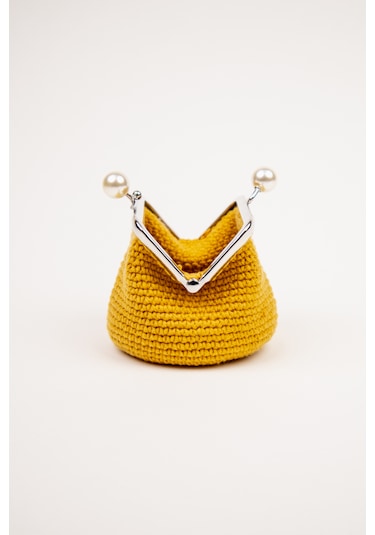 Fabric Craft Bag Bozuk Para Cüzdanı Merserize İplik Klipsli Örgü Hardal Sarısı