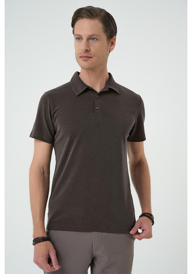 Slim Fit Düğmeli Polo Yaka Pamuklu Koyu Vizon Tişört Ts 879 Vizon