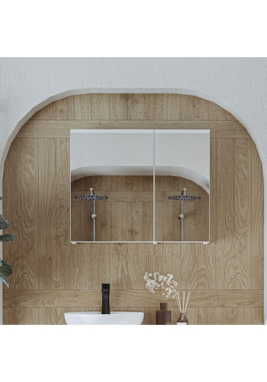 Banyo Dolabı Kulpsuz 2 Kapaklı Mdf 75 Cm Aynalı Banyo Üst Dolabı Mat Beyaz