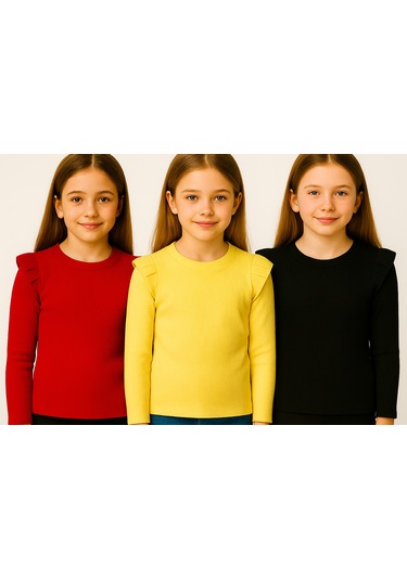 Kız Çocuk 3'lü Uzun Kollu Badi. 6 Ay 7 Yaş Arası 3 Lü Badi Seti Fırfır Detaylı %100 Pamuk Kız Bebek Kırmızı