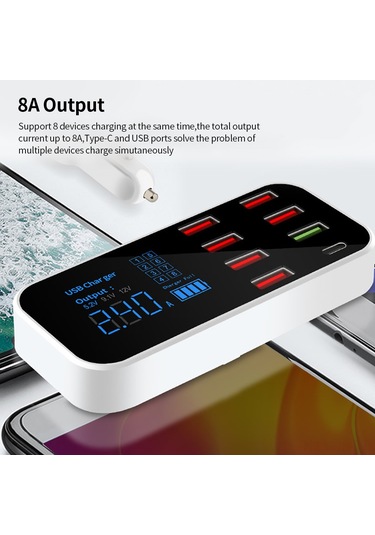 Jeemson A9s+ Araç Şarj Cihazı 8 Usb Portu Led Ekran Qc3.0 Hızlı Şarj Type-c Akıllı Akım Dağıtımı 40w Maksimum Güç