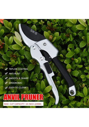 Kangvka Bahçe Budama Makası, 20 Mm Çapta Kesim, Sk5 Çelik Bıçak, Ergonomik Grip, Manuel Kayar Sistemli Siyah Budama Bıçağı