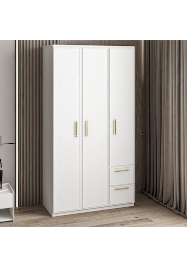 Vespera Çıta Detaylı 3 Kapaklı, Çekmeceli Gardırop Beyaz, 90 Cm