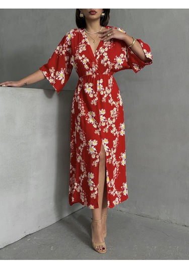 Kadın Kruvaze Yaka Yırtmaçlı Uzun Yazlık Elbise Kırmızı