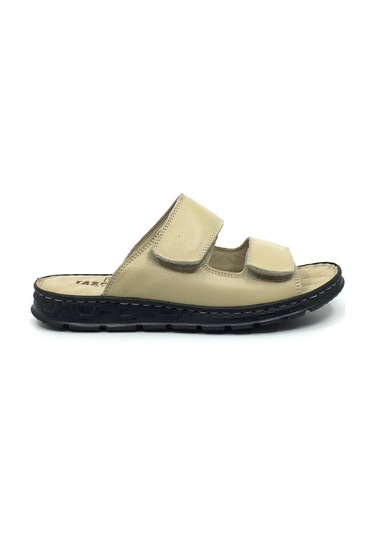 Taşpınar 204 %100 Hakiki Deri Ortopedik Erkek Yazlık Rahat Terlik Ayarlanabilir Cırtlı Bej
