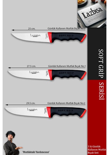 Lazbisa Mtf-052 Soft Grip Mutfak Bıçak Seti Et Ekmek Sebze Bıçağı 3 Lü Set Günlük Kullanım Kırmızı - Siyah