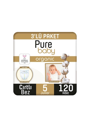Pure Baby Organik Pamuklu Cırtlı Bez 3'lü Paket 5 Numara Junior 120 Adet 3'lü