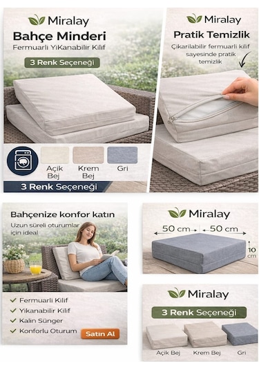 Miralay Bahçe Minderi - Fermuarlı Yıkanabilir Kılıf Krem