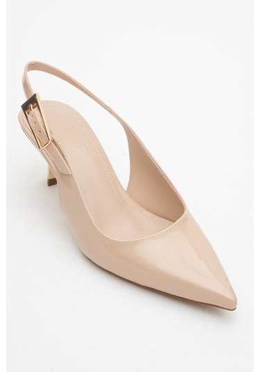 Arty Bej Rugan Sivri Burun Arkası Açık Kadın İnce Topuklu Ayakkabı Bej Rugan