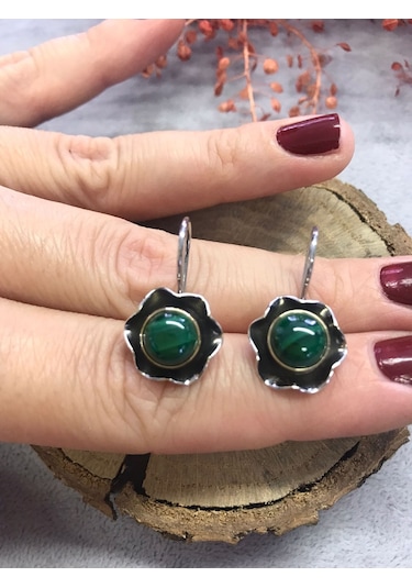 Malahit Malakit Taşı Gümüş Küpe 925 Ayar Doğal Taş