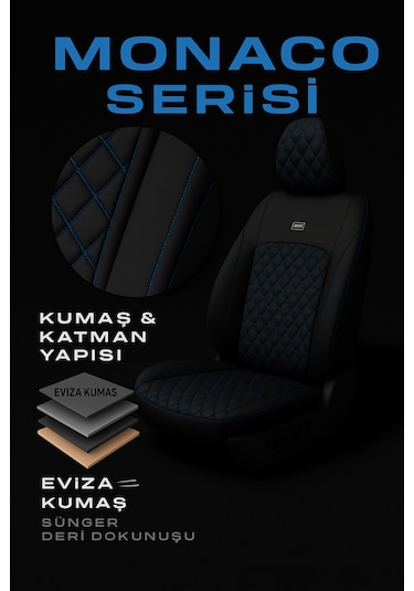 Suzuki Sx4 Sedan 2007 2013 - Monaco Eviza Kumaş Deri Detaylı Oto Koltuk Kılıfı - Siyah Mavi Siyah Mavi