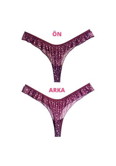 Mürdüm Çiçek Desenli Tül Kenarları Fırfırlı Tanga Külot Mürdüm