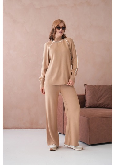 Kadın Dik Yaka Kazak Pantolon İkili Triko Takım Açık Camel
