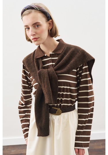Kare Yaka Bağlamalı Triko Atkı Kahverengi Kahverengi