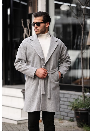 Mero Life Erkek Açık Gri Kemerli Oversize Rahat Kesim Kaşe Kaban Açık Gri