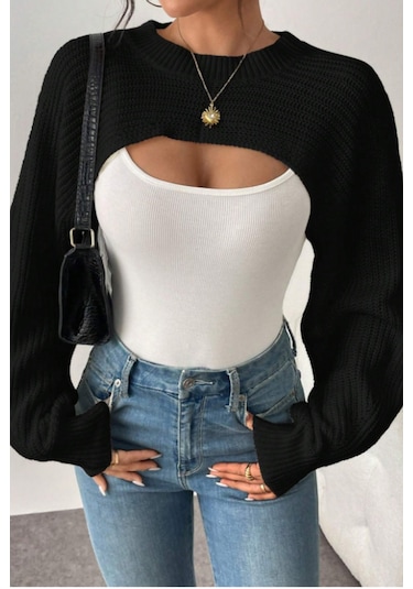 Tarz Cool Kadın Siyah Dekolteli Crop Triko Bolero Siyah