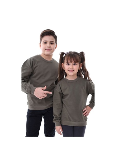 Basic Bisiklet Yaka Şardonlu Çocuk Sweatshirt 3-10 Yaş Krem Haki