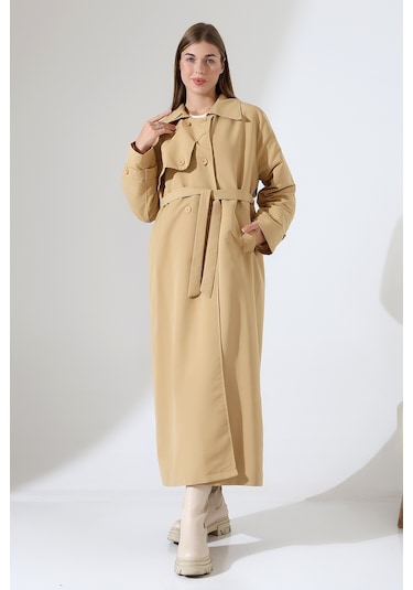 Amazon Keten Kumaş Uzun Boy Düğmeli Astarlı Yumuşak Dokulu Trenç Kot Camel CAMEL
