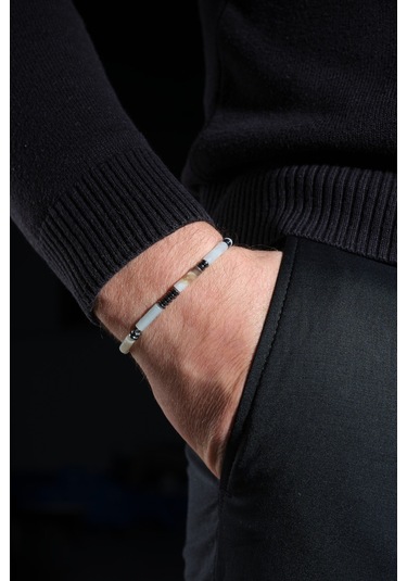 Ssilhoutte Doğaltaş Sertifikalı Erkek Kadın Doğal Taş Hediye Bileklik Amazonit Taşı Ve Hematit 4mm Tasarım Beyaz