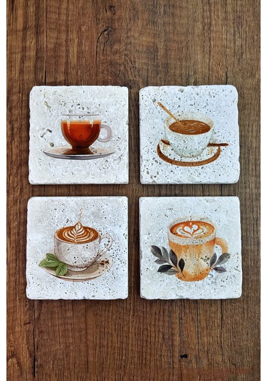 Kahve Temalı Doğal Taş Bardak Altlığı - Stone Coasters Çok Renkli