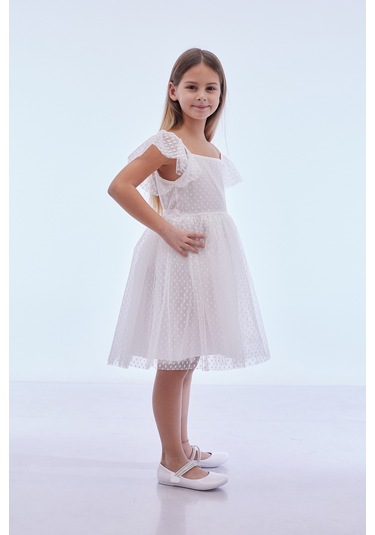 Ahengim Kız Çocuk Kare Yaka Trend Tül Elbise Ak2242 Beyaz