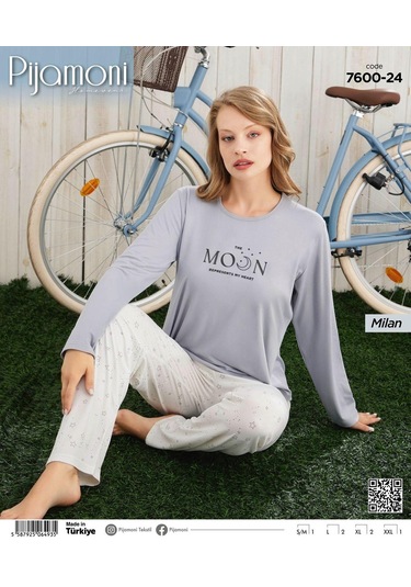 Pijamoni Kadın Milan Bisiklet Yaka Uzun Kol İnce Pijama Takımı 7600/24 - 1 Adet Gri