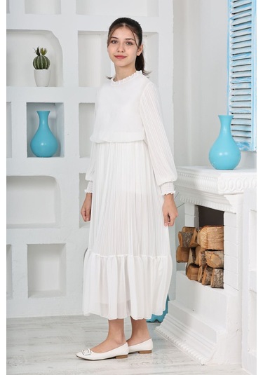 Kız Çocuk Uzun Boydan Pliseli Pamuklu Şifon Uzun Elbise Beyaz