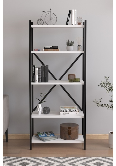 5 Raflı Dekoratif Metal Ofis Kitaplığı Aksesuar Rafı Troya Beyaz