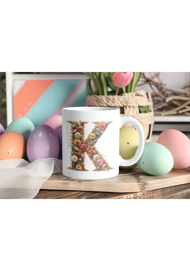 K Harfi Çiçek Desenli Kupa Bardak - Alfabe Harfleri İle Doğal Çiçekli Kupa - Hediye Fikir Beyaz
