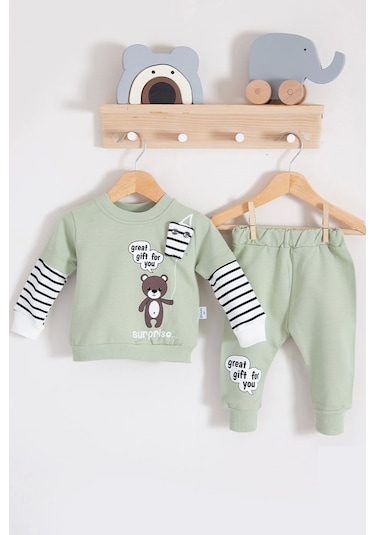 Gift For You Desenli 2'li % 100 Pamuk Erkek Bebek Takımı Yeşil