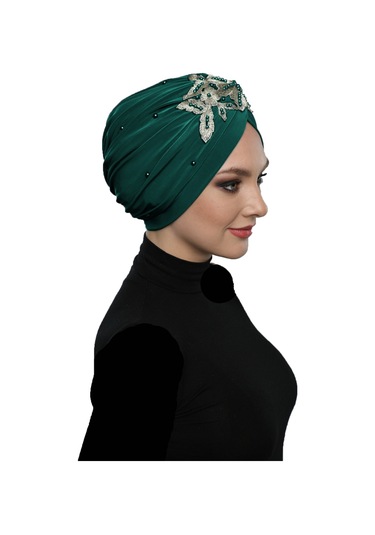 Kopma Astarlı İşlemeli Yeşil Sarı Dantel Motifli Hazır Türban Tesettür Abiye Bone Yeşil - Sarı