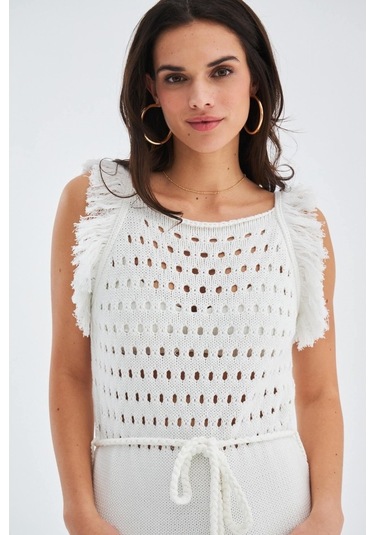 Peraluna Mıyokı Dress %100 Pamuk Diz Hizası Yazlık Kadın Triko El Kırık Beyaz