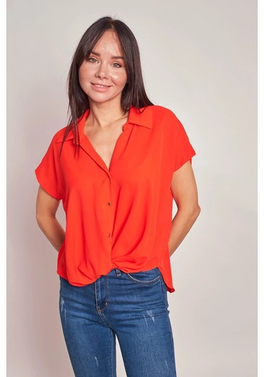 Likrasız Şık Kumaş Yakalı Düşük Omuzlu Önü Pileli Gömlek-oranj Oranj