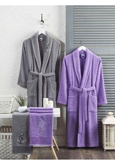 4 Parça Aile Bornoz Seti Kadın Erkek Havlulu Bornoz Takımı Gri La (534406871)