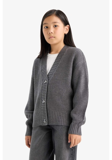 Defacto Kız Çocuk V Yaka Düğmeli Triko Hırka A2298a825auar58 Antrasit