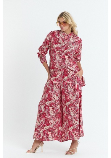 Schık Kadın Viskon Rahat Bol Paça Truvakar Kol Önü Düğme Baskılı Takım Kırmızı