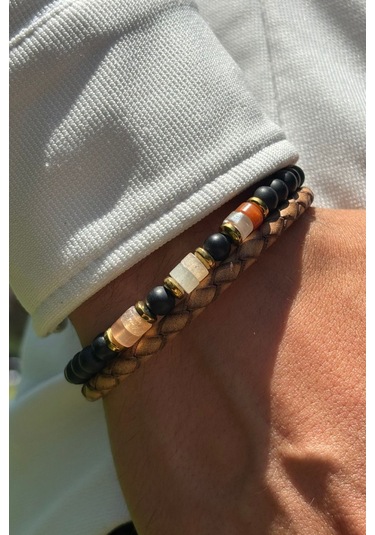 Taşlı Yılan Derisi Desenli El İşçiliği İle Üretilmiş Hakiki Deri Erkek Bileklik Kahverengi