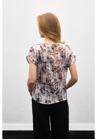 Sateen Pileli Kolsuz Bluz - Kahve-136863 kahve