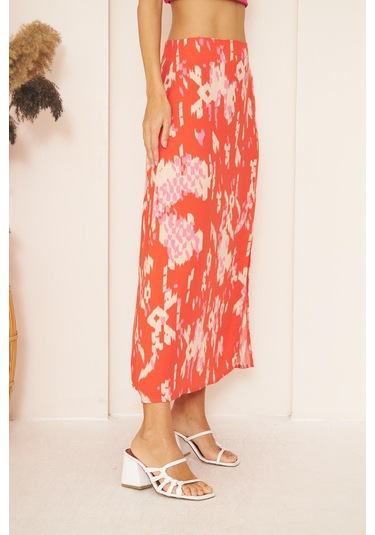 Kırmızı Desenli Yırtmaçlı Midi Etek Dm2014 Kırmızı