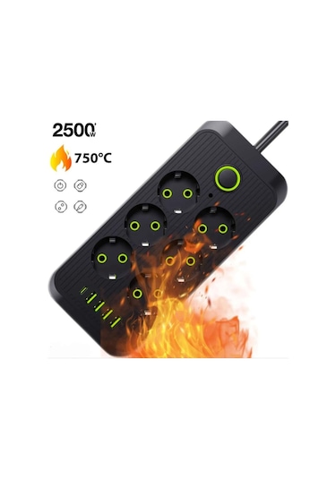 6 Soket 4 Usb 1 Pd Şarj Termal Akım Korumalı Priz 2 Metre Kablo Çoklu Priz 6 Lı Priz 2 M