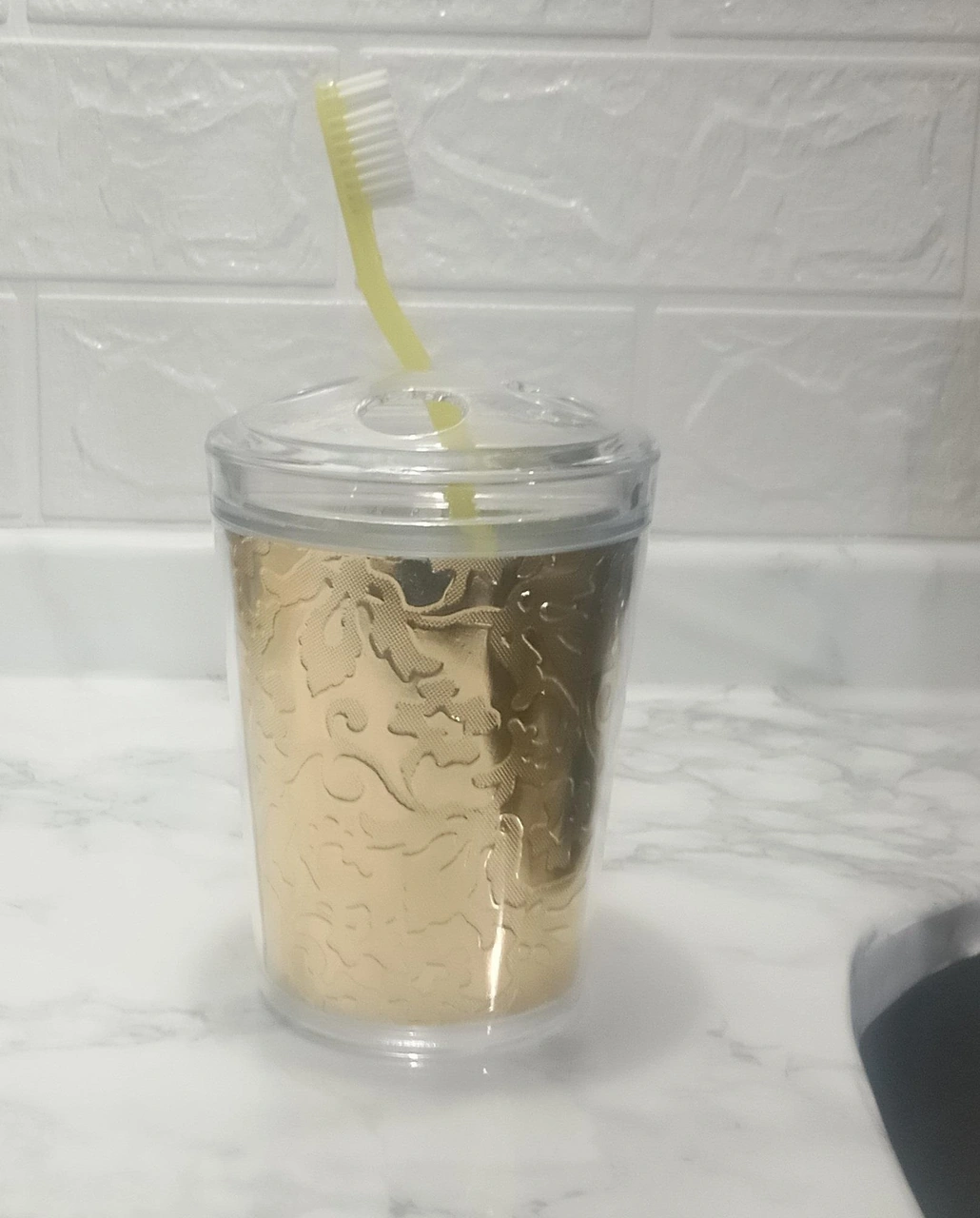 2 Adet Diş Fırçalık Altın Yaprak Akrilik 9x9x12cm Banyo Seti Çok Renkli