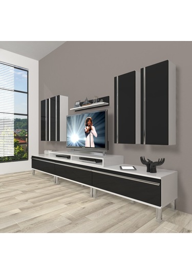 Decoraktiv Ekoflex 8d Mdf Krom Ayaklı Tv Ünitesi Tv Sehpası Beyaz - Siyah