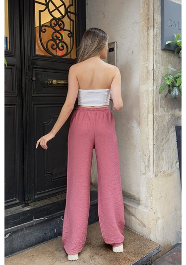 Pembe Keten Karışımlı Bol Kesim Pantolon Gül Kurusu