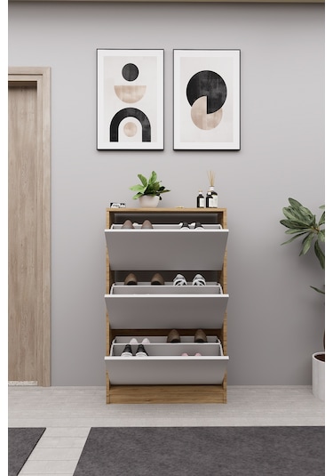 Mirobi Kembe 3 Bölmeli Açılır Modern Dekoratif Ayakkabılık Çam - Beyaz