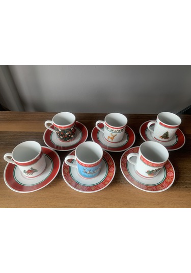 Yeni Yıl-noel Karışık Model 12 Parça 6 Kişilik Porselen Türk Kahvesi Fincan Takımı Çok Renkli